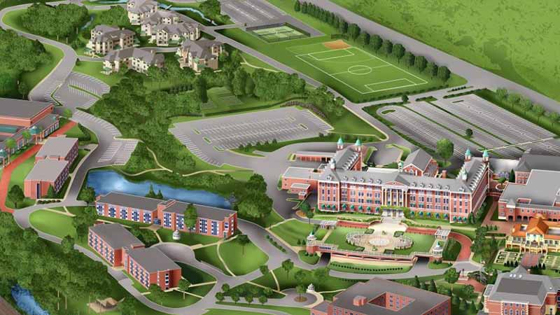 An aerial illustration of a sprawling college campus featuring multiple buildings, parking lots, pathways, a pond, and a sports field. The campus is surrounded by greenery, with structured roads and well-maintained landscapes connecting the facilities.