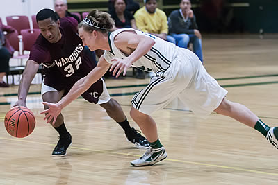 Two students playing basketball, one playing on the CIA Basketball Team.