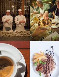 A collage of four images: Top left shows two chefs in white uniforms standing behind a table of seafood. Top right features people sharing dishes at a dining table. Bottom left displays a cup of espresso. Bottom right shows a plated dessert with artistic presentation.