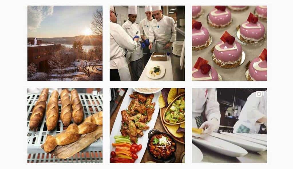 Collage of images from CIA's Instagram including campus, students in the kitchen, and food.