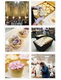 A collage of six images: top left shows a group of people in formal attire in an ornate hall; top right has hands frosting cookies; middle left has decorative cupcakes with flowers; middle right shows two loaves of bread; bottom left has a pink flower cupcake; bottom right shows a chef tasting food.