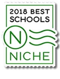 A green and white badge that reads "2018 Best Schools" at the top. Below is a large "N" enclosed in a circle with three wavy lines next to it. "Niche" is written at the bottom.
