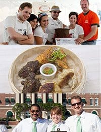 A collage of three images. The top image shows a group of smiling people, one holding a plaque. The middle image displays a plate of assorted food with a dipping sauce. The bottom image shows three people wearing green ties and sunglasses, posing in front of a building.