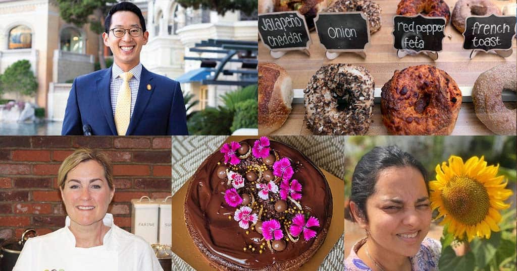 A collage features five images: a smiling man in a suit, a tray of various bagels with labels, a blonde woman smiling in a chef's coat, a chocolate cake with vibrant flower decorations, and a woman smiling while holding a sunflower.