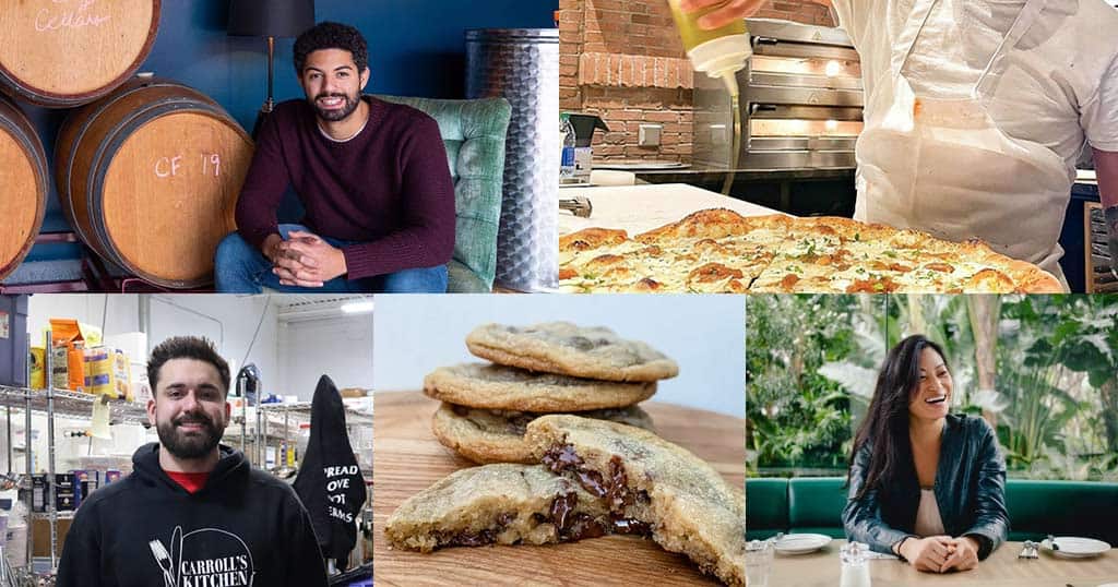 A collage featuring five images: a man sitting beside large barrels, a chef adding a topping to a large pizza, a person smiling in a warehouse, a stack of chocolate chip cookies with one split open revealing the filling, and a woman smiling at a table with greenery in the background.