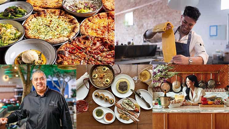 A collage with four images: Top left shows various dishes including pizza and salad; top right features a chef making pasta; bottom left depicts a smiling chef in a dark uniform; bottom right shows a woman cooking in a rustic kitchen.