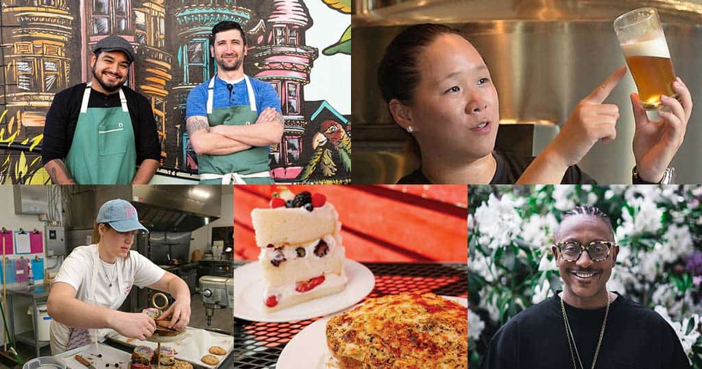 A collage of six images: two chefs standing in front of a colorful mural, a person inspecting a glass of beer, an individual decorating baked goods, a close-up of layered cake, a golden-brown pie, and a person smiling in front of a floral background.