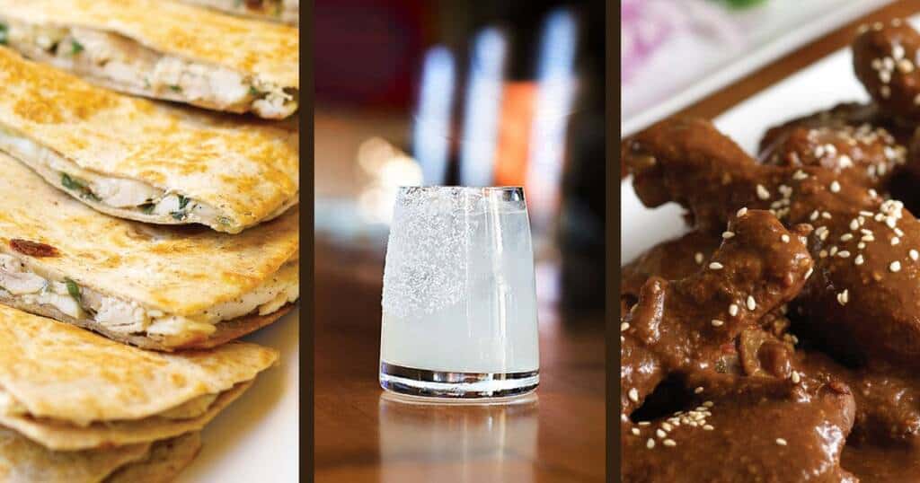 Collage of Cinco de Mayo foods, quesadillas, margarita, and chicken mole, with CIA recipes.