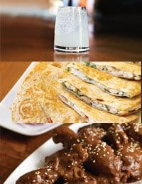 A vertical triptych of food and drink. The top section shows a glass of milk with froth. The middle section features quesadillas with a golden-brown crust, and the bottom section displays a plate of saucy chicken wings garnished with sesame seeds.
