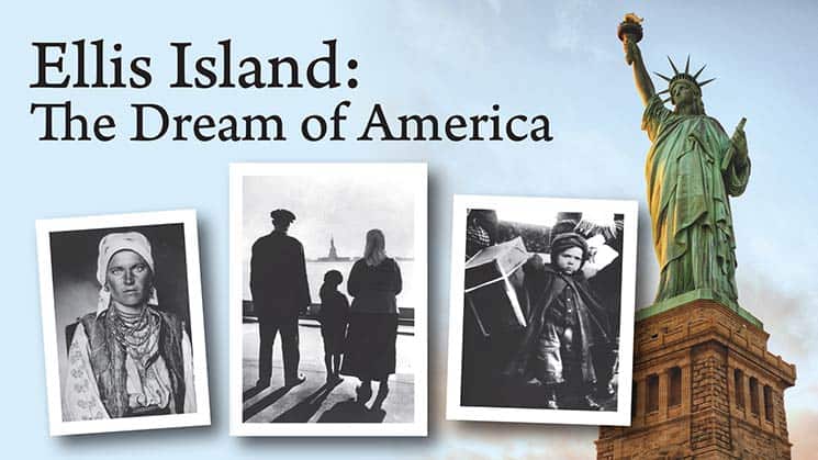 Collage featuring the Statue of Liberty and three historical black and white photos of immigrants arriving at Ellis Island. Text reads, "Ellis Island: The Dream of America." The images depict individuals and families looking towards America, symbolizing hope and new beginnings.