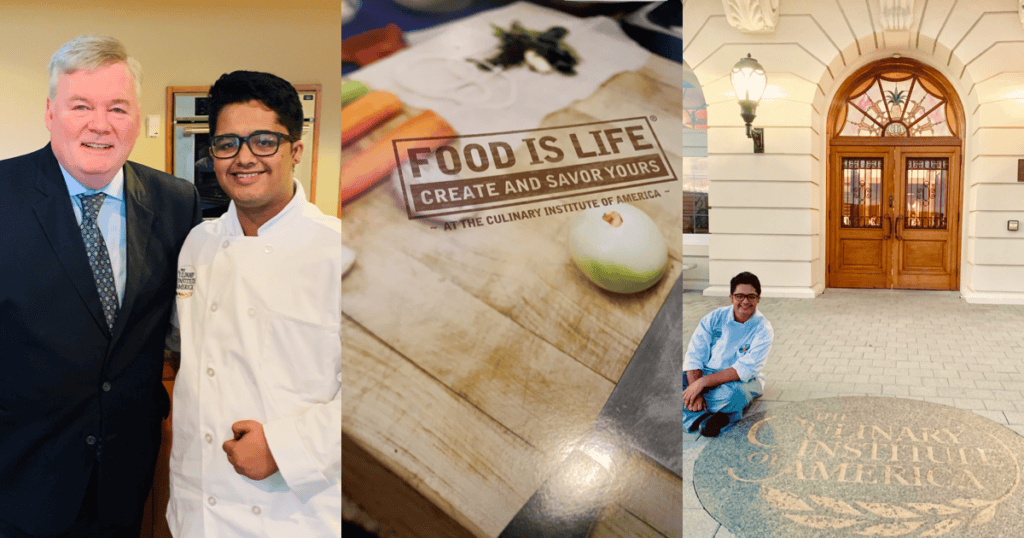 A collage shows a chef and a man in a suit posing together, a close-up of a cookbook titled "Food is Life," and a chef sitting in front of the entrance to The Culinary Institute of America, which has a grand wooden door and stone steps.