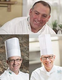 A collage of three chefs in white uniforms. The top image shows a chef with a smile, not wearing a hat. The bottom left image shows a smiling chef wearing glasses and a tall white chef's hat. The bottom right image shows another smiling chef, also with glasses and a tall white chef's hat.