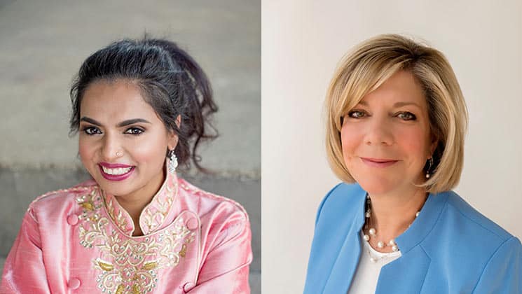 A side-by-side image of two women. On the left, a woman with dark hair in a ponytail, wearing a pink embroidered outfit and smiling. On the right, a woman with blonde hair in a bob cut, wearing a blue blazer over a white top, also smiling.