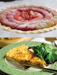 The image is split into two sections. The top section shows a rhubarb tart arranged in a circular pattern, awaiting baking. The bottom section displays a slice of quiche placed next to a small serving of greens on a green plate with a fork.