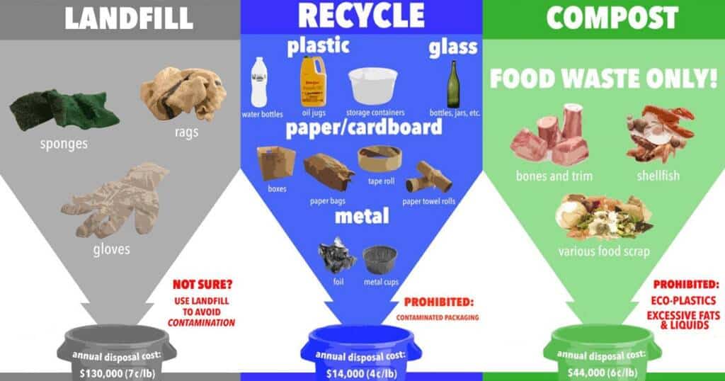 A waste management infographic with three sections: Landfill (sponges, rags, gloves), Recycle (glass, plastic, metals, paper/cardboard), and Compost (food waste, bones, shells). Tips on where to dispose items and annual disposal costs for each category are shown.