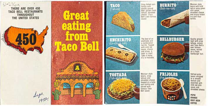 Vintage 1970s restaurant menu for Taco Bell.