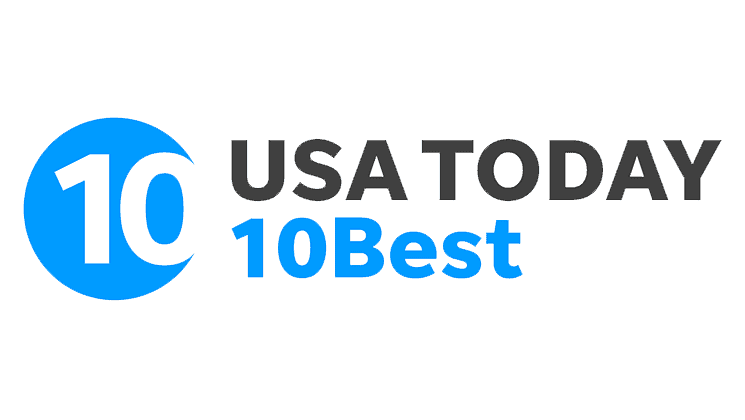 Logo featuring a blue circle with the number "10" in white, to the left of the text "USA TODAY" in black and "10Best" in blue.