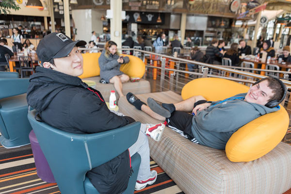 Image of CIA students relaxing and enjoying their time in The Egg at CIA in Hyde Park, NY.