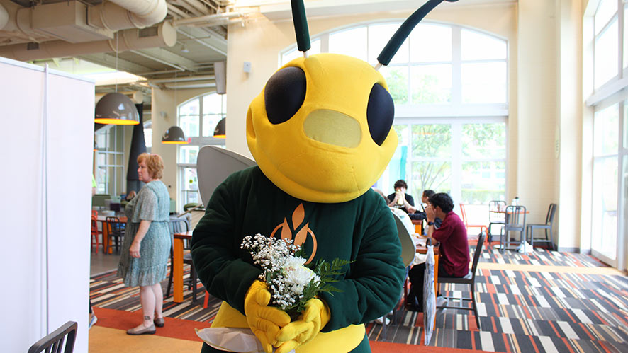 Image of CIA mascot Sting hold flowers while celebrating Pollinator Week.