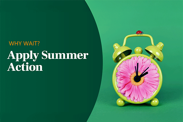 May: Funding Your Education Image of Apply Summer Action graphic with a alarm clock.