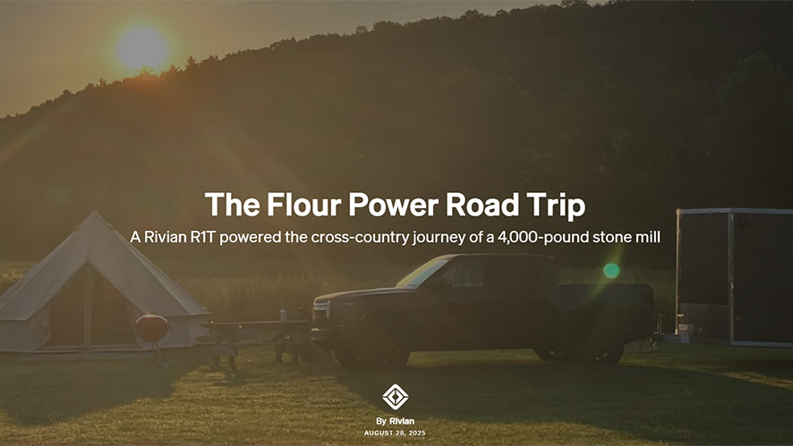 Image of The Flour Power Road Trip. A Rivian R1T powered the cross-country journey of a 4,000-pound stone mill.
