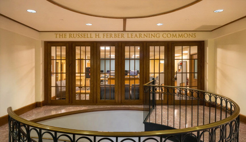 Image of the entrance to The Russell H. Ferber Learning Commons in the Conrad N. Hilton Library at CIA in Hyde Park, NY.