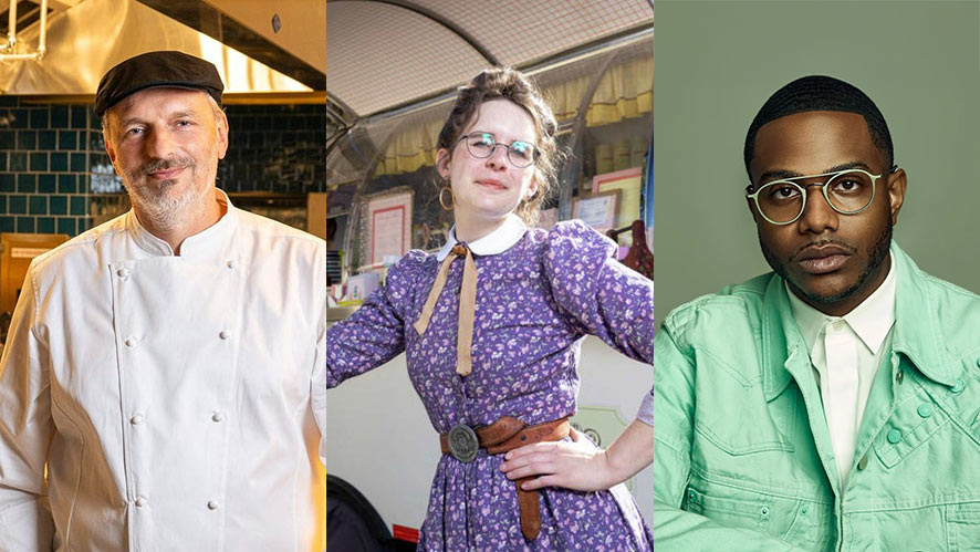 Image of Andrew Carmellini, Mary Denham, and Kwame Onwuachi. Alumni in the News: October 2025.